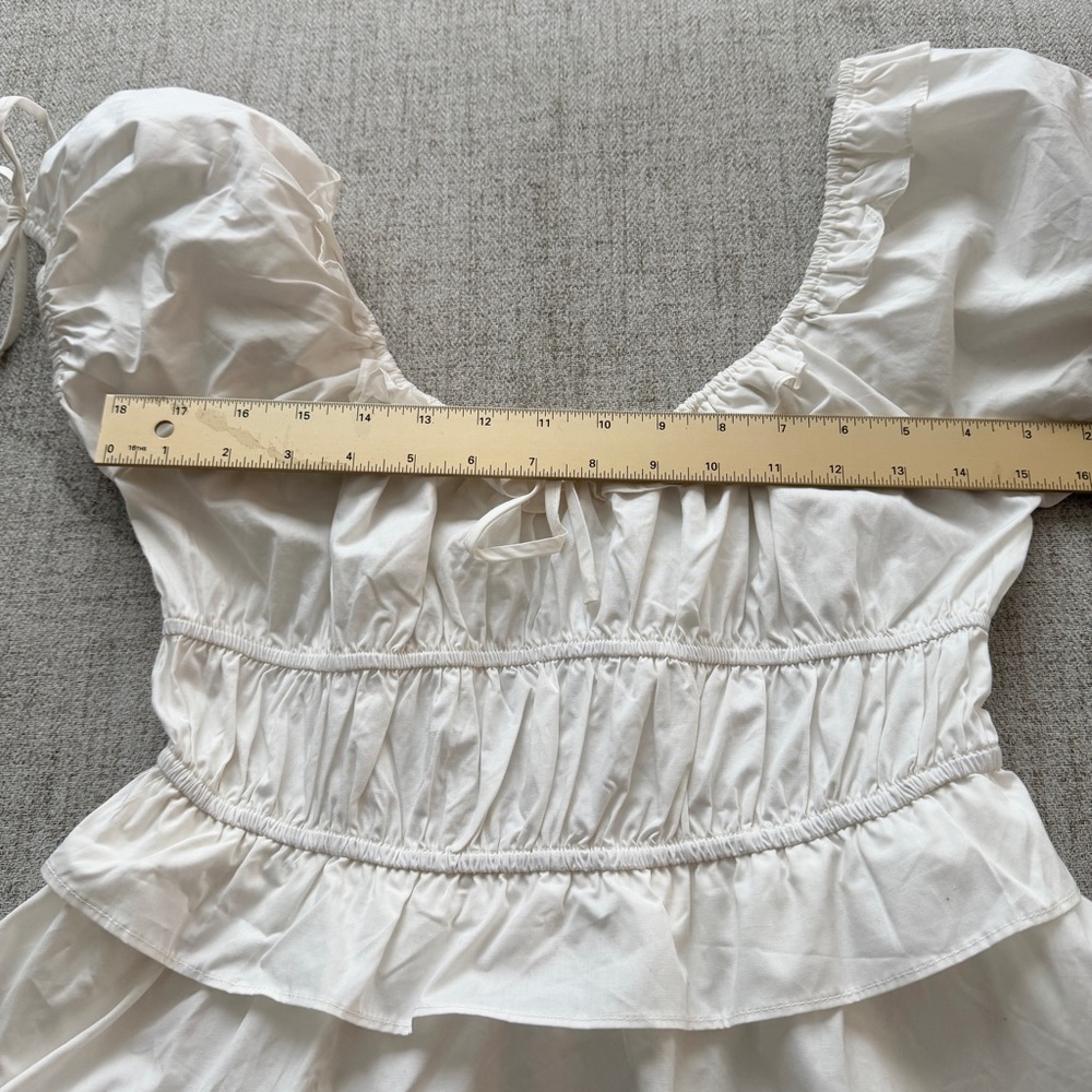 ☁️ White Tie Front Puff Sleeves Cotton Mini Dress - Picture 11 of 16